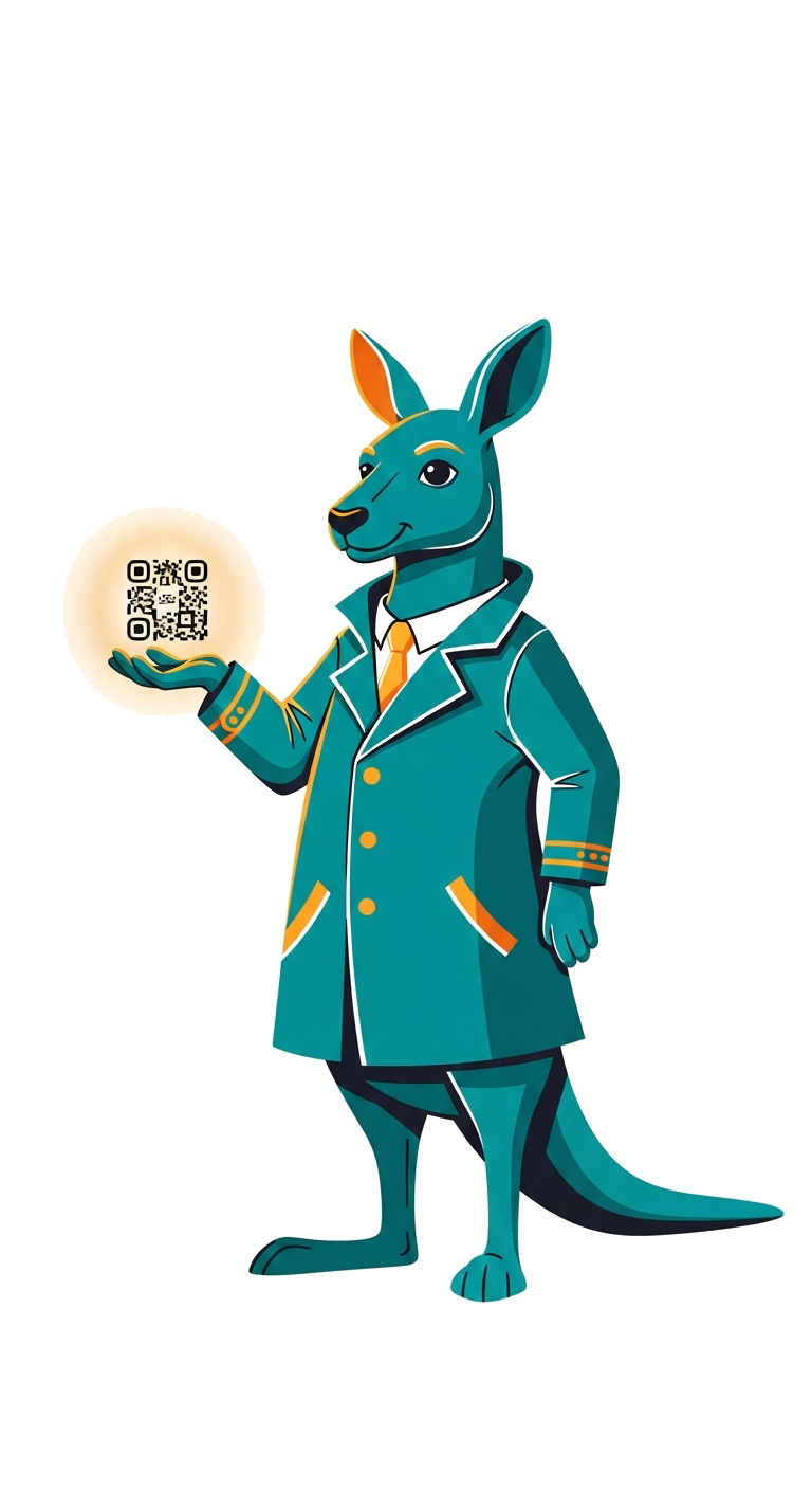 Roo kangaroo holding a QR code